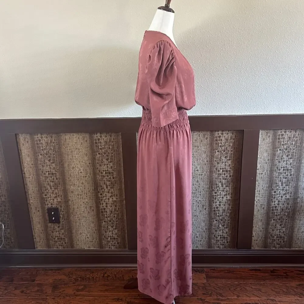 Anthropologie Castille Satin Jacquard Wide Leg Jumpsuit in Rose/Brown Sz Small